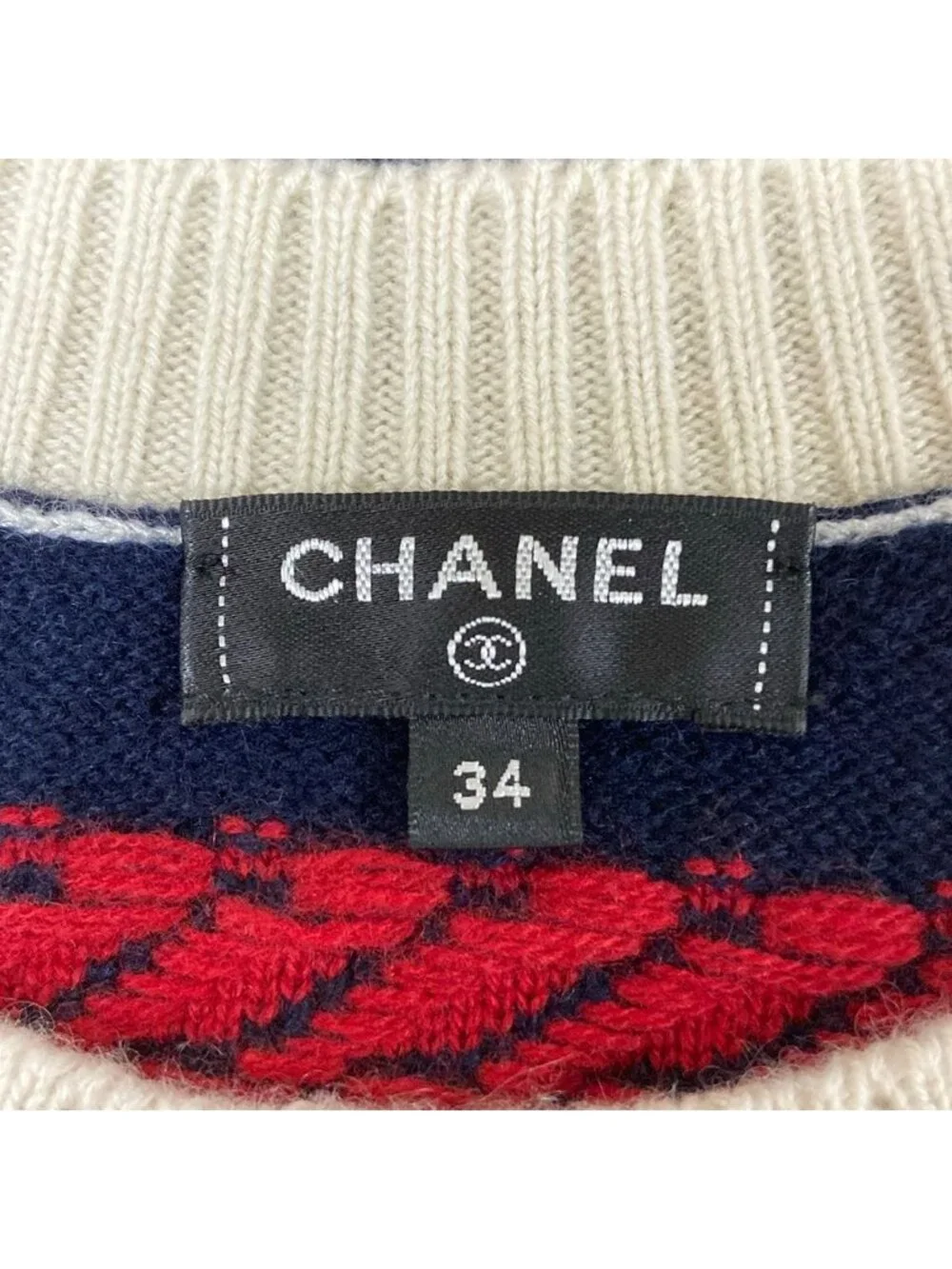 Chanel Long Sleeve Sweater S White Navy Red Cashmere